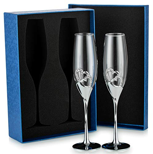 Sziqiqi Flute da champagne per sposa e sposo in argento per tostatura a forma di cuore, decorazione deluxe con strass per matrimoni, anniversari, fidanzamenti, San Valentino ed eventi speciali
