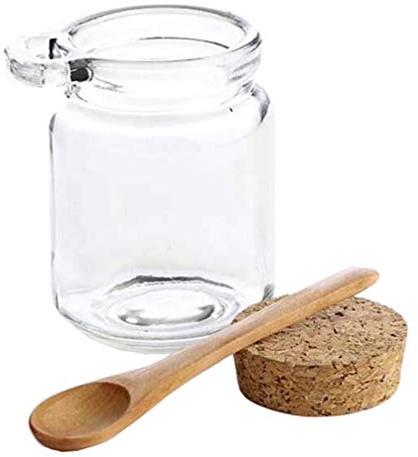 1 bouteille de sel de bain en verre transparent de 250 ml avec cuillère en bois, bocaux en liège, pots de poudre, assaisonnement, sauce, miel, noix, conteneurs de stockage