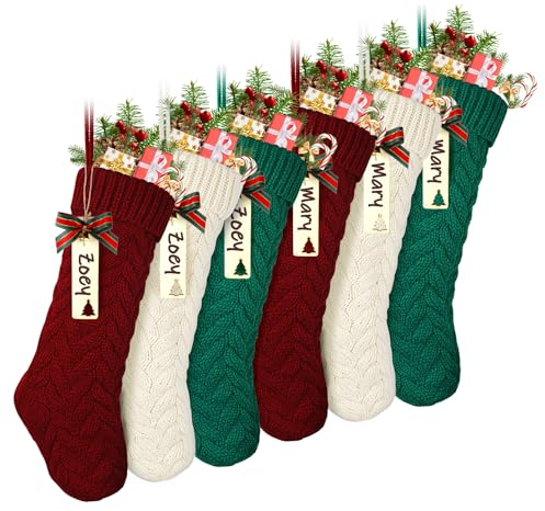 LIBWYS Strick-Weihnachtsstrümpfe mit Namensschildern, 6 Stück, 45,7 cm, große Zopf-Weihnachtsstrümpfe, klassisch, Burgunderrot, Elfenbeinweiß, Grün, klobige Handstrümpfe