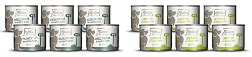 MjAMjAM - Premium Nassfutter für Hunde - vorzügliches Kalb an gedämpfter Zucchini (6 x 200 g) & Premium Nassfutter für Hunde - leckeres Rind an gekochten Kartoffeln mit knackigen Erbsen (6 x 200 g)