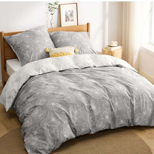 BEDSURE Bettwäsche 155x220 Baumwolle Bettbezug - Bettwäsche-Sets 155 x 220 cm 3teilig Grau mit 2 Kissenbezüge 80x80 cm, ÖKO-TEX Wendebettwäsche Bedding mit Reißverschluss Ginkgo Muster | Baumwolle Bettwäsche mit Reißverschluss, ÖKO-TEX Wendbar, Bettbezug 155x200cm + 2 Kissenbezüge 80x80cm, einfach zu beziehen