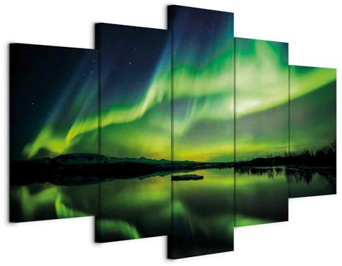 murando - Leinwandbild Nordlicht Island Nacht, 150x75 cm, 5-teilig, modern | Hochwertige Leinwand, sofort aufhängbar, ideal fürs Wohn- oder Schlafzimmer, wasserfest und lichtecht, langlebig, stilvoll