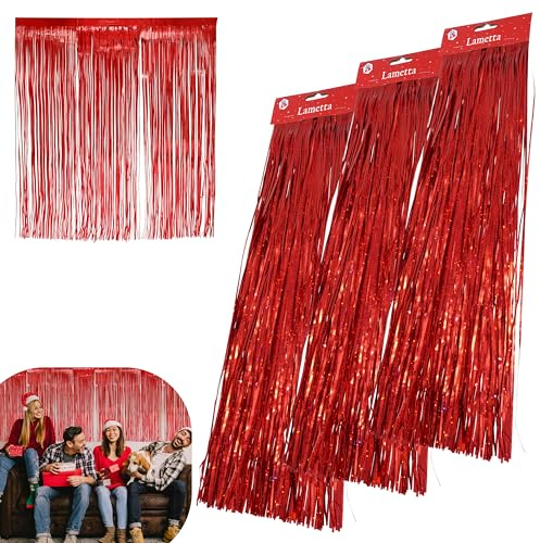 3 x lamette in lamina olografica rosse per decorazioni natalizie, tende con frange per matrimoni, feste di compleanno, dimensioni: 50 cm