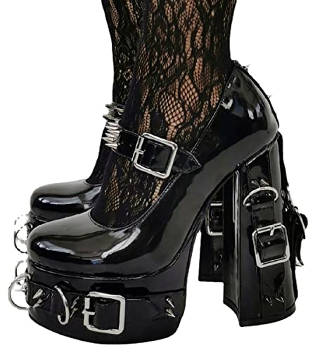 Only maker Scarpe da donna Mary Jane Lolita con tacco alto, Nero laccato., 46 EU