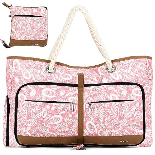 Lekespring Strandtasche Damen Groß mit Reißverschluss, Vielseitiger Damen Shopper Badetasche Saunatasche Reisetasche Tote Bag für Strand Reisen Einkaufen Sport u.Arbeit (Rosa Weidenzweig)