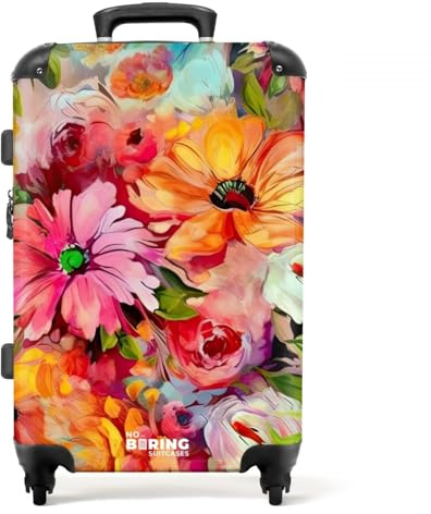 NoBoringSuitcases© Koffer groß Trolley Rollkoffer Reisekoffer mit 4 Rollen | 67x43x25 cm - Fotokoffer - Blumen - Farbenfroh - Kunst - Ölgemälde - 90 Liter