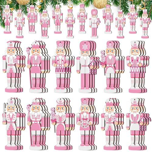 36 Stück rosa Weihnachten Nussknacker Ornamente Holz hängende Nussknacker Miniatur Nussknacker Figuren Traditionelle Urlaub Nussknacker Weihnachtspullover Ornament für Weihnachtsdekoration (rosa