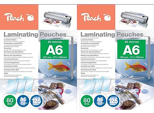 Peach Laminierfolien A6-80 mic - 125 pouches - glänzend - Premiumqualität für beste Laminierergebnisse - kompatibel mit Geräten aller Markenhersteller - PP580-04P (Packung mit 2)