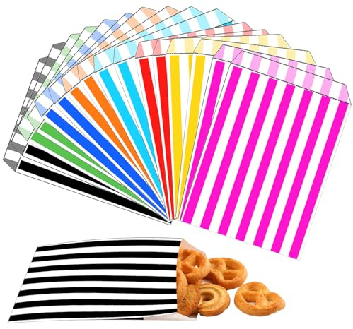 200 st 14 x 18 cm blandade färger randiga papperspåsar – godispåsar för barn, flickor, pojkar – perfekt för jul, halloween, bröllop, födelsedagsfester och buffékonfektbås