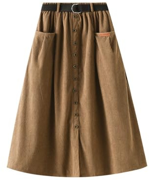 Jemsia Jupe en velours côtelé élastique taille haute avec boutons frontaux avec ceinture trapèze midi jupe longue automne hiver avec poches, Camel, Taille unique