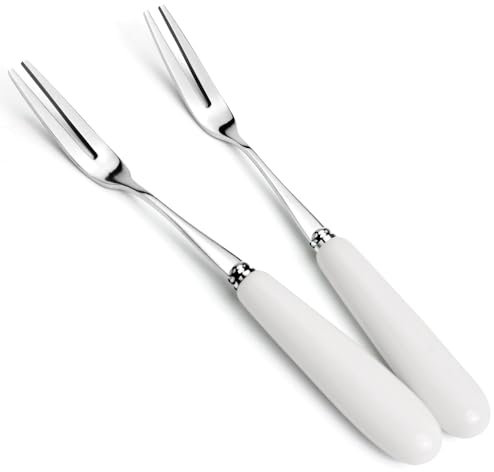 MEIYAHOME 5.8inch 18-10 Stainless Steel White Porcelain Handle Double Prong Fork Fruit Fork Fine Mirror Tea Fork, sus304 2-Tines Fork Party Dessert Forks, Appetizer, Cocktail, Pastry, Cake, Salad (2)