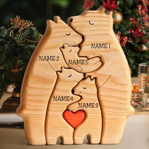 VEELU Personalisiertes Holzkunstpuzzle der Bärenfamilie mit 1-8 Namen | Familien Geschenke für Mama, Oma Mutter zum Muttertag | Holz Bär Skulpturen Desktop Ornament Home Tischdekoration