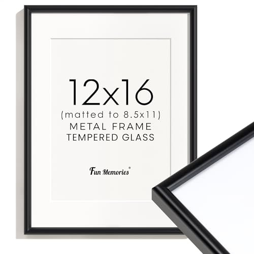 Fun Memories 12x16 Picture Frame Black, Aluminum Picture Frames 12x16, 12x16 Picture Frame with Mat for 8.5x11, 12 by 16 Frame Real Glass, 12 x 16 Metal Frame for Home Decor
