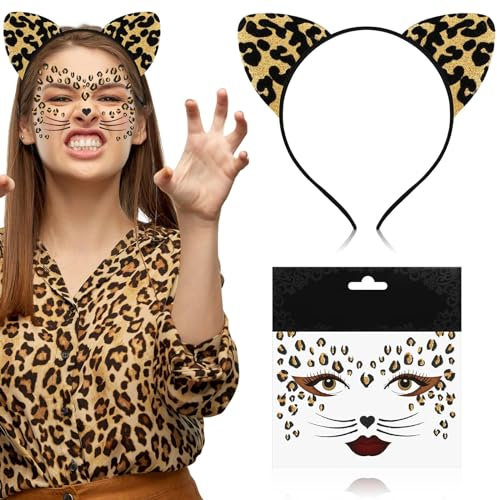 Karneval Leoparden Kostüm Damen Und Kinder Gesichtstattoo Face Art Sticker Katzenohren Haarreif, Ablösbare Gesicht Aufkleber, Temporäre Tattoos, Face Paint Für Fasching, Halloween, Kinder, Erwachsene