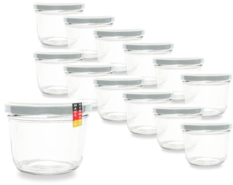 Flaschenbauer 12er Set Premium Sturzgläser 230 ml – Vielseitige Marmeladengläser & Einmachgläser mit farbigem Twist-Off-Deckel, inklusive Etiketten (Weiß)