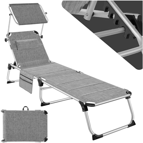 Tectake® Tumbona de Jardín Exterior de Aluminio Plegable Con Reposacabezas, Parasol y Bolsillo Lateral - Reclinable 6 Posiciones, Resistente a Intemperie - Gris Jaspeado