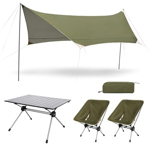 Set Aus Campingstühlen Und Tisch (2 Stühle, 1 Tisch, 1 Sonnenschutztuch), Robuster, Tragbarer Outdoor-Rasenstuhl Und Klapptisch Für Rucksackreisen, Angeln, Wandern