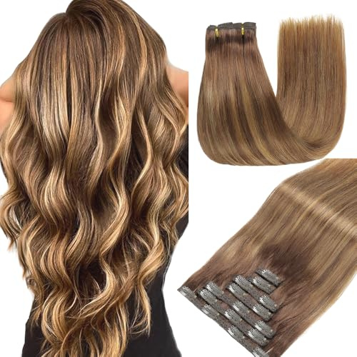 GUDOZO clip in extensions echthaar Schokoladenbraun mit Karamellgold 7pcs 35cm 80g Echthaar extensions clip Nahtlose Echthaar Clip-In Volumen Damen