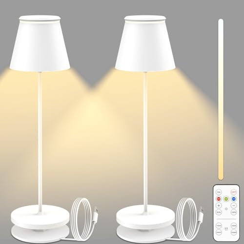 Onherm 2 Stück LED Tischlampe Kabellos Dimmbare mit Fernbedienung, Akku Tischleuchte Aufladbar Nachttischlampe Touch Lampe mit Timer, USB Ladestation, 3000K Warmweißes Licht, für Indoor Outdoor, Weiß