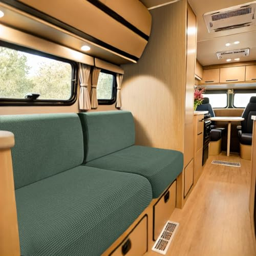 SYLC Bezüge Für Wohnwagenpolster Jacquard, rutschfeste Wohnmobil Sitzbezüge Mit 2 Cord, Sofa Sitzkissenbezug Für Schonbezug Wohnwagen Polster (Green,W 94-122 cm, D 26-40 cm)