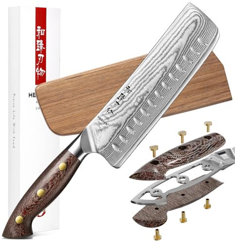 HEZHEN Coltello Damasco Coltelli Usuba e Nakiri, Stile Giapponese Coltello da Cuoco Cinese Professionale, Mannaie per Carne Verdure, Manico in Micarta