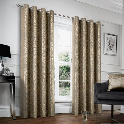 always4u 100% Blickdichter Verdunkelungsvorhang mit Golddruck 2er Set, Gardinen mit Ösen aus Samt, Thermovorhänge für Schlafzimmer Wohnzimmer Küche,Kälteisolierend, Braun,140x245cm