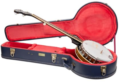 Crossrock Relief Series Banjo Case for 5-String Resonator | Carved Ocean Blue Finish, Deep Scarlett Velvet Interior, Lock – Premium Wooden Hardshell