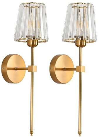 XIRYTU-H Gold Crystal Wall Sconce Lights - Set of 2,Modern Luxury Brass Wall Light Fixtures with K9 Crystal Shades, Bedroom, Living Room, Hallway Hardwired E27 Wall Lamp (Umbrella)