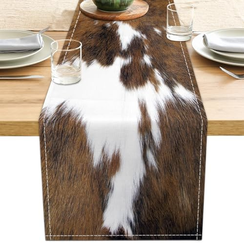 Cow Print Table Runner Brown Western Runners Cowhide Table Decorations Farmhouse Country Table Runner for Party Home Kitchen Dining Room 13x71 Inch (just a Print)