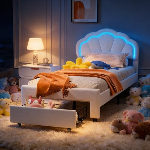 Julyue LED-barnsäng 90 x 200 cm, vadderad säng med låda, tonårssängar med blomhuvud, enkelsäng med ribbotten, utan madrass