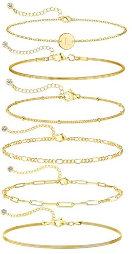 Aretas Armband Damen Gold, 6 Stück Armbänder 14K Vergoldet, armband mit buchstaben A-Z Stapelbare schmuck Bracelet Set für Frauen Mädchen