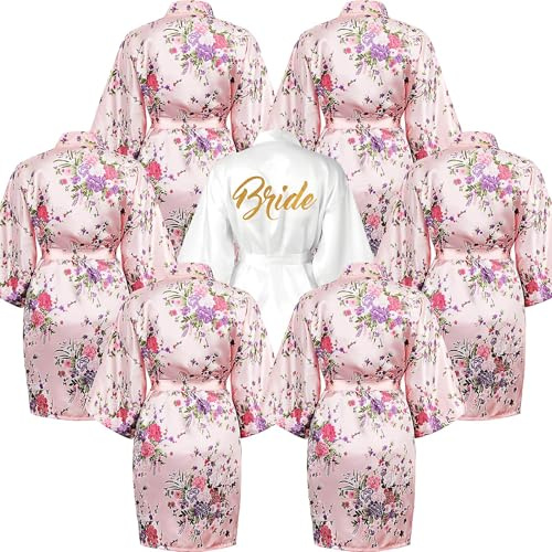 YFNVH Lot de 7 peignoirs de demoiselle d'honneur pour mariage, robe de demoiselle d'honneur, robe de chambre courte en satin de soie pour fête nuptiale, spa et lune de miel