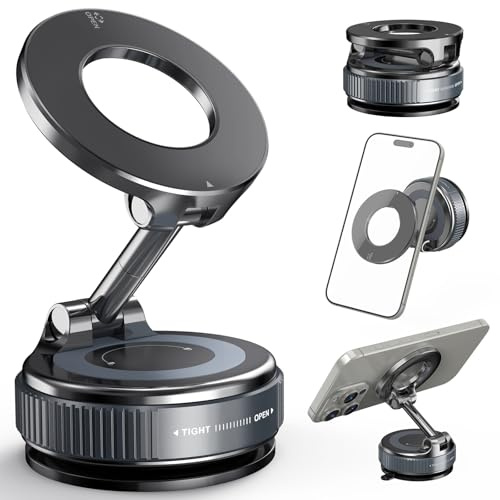 homeasy Vakuum Magnetische Handyhalterung Saugnapf Autohalterung 2025 Upgraded Magnetische KFZ Handyhalter 360° Drehbar für iPhone 16/15/14/13/12 Pro Max Plus Mini Phone mit Metallring Schwarz | Magnetische Halterung mit 360 Grad Drehung und Metallring