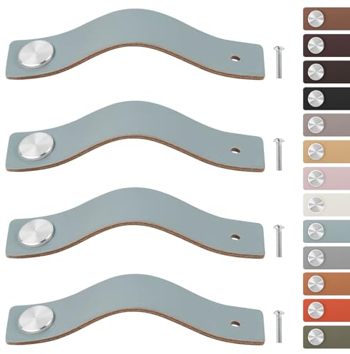LEREATI 4 Stück Ledergriffe für Möbel, Schrankgriff Schubladengriff Schrankknöpfe, Möbelgriff Kunstleder für Küchenschrank, Komode, Kleiderschrank, Tür (für 0mm Lochabstand, Silber + Blau)