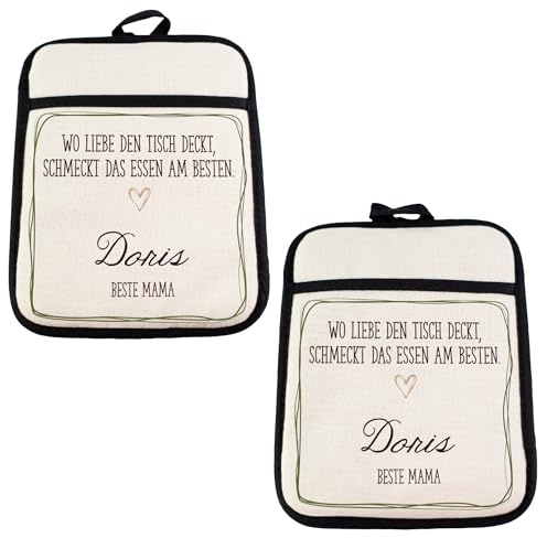 Herz & Heim® 2er Set personalisierbare Topflappen mit Foto, Name oder Wunschtext – Silikonrückseite & Grifftasche – Ofenhandschuhe personalisiert mit Aufdruck (Wo Liebe den Tisch deckt)