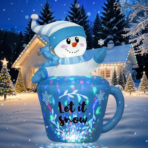 GUDELAK Decorazioni natalizie gonfiabili per esterni, pupazzo di neve blu, decorazioni natalizie gonfiabili in tazza, decorazioni natalizie con luci LED rotanti integrate per cortile, prato, giardino