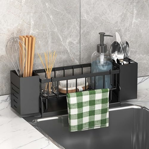 Zimoer 1 Spülbecken Organizer Küche - Multifunktionaler Spüle Organizer mit Schwammhalter, Messerhalter & Aufbewahrungsbox, Platzsparendes Design für Spüle & Arbeitsplatte (Plastik) (Schwarz)