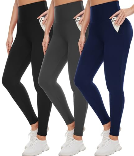 Leggings for Women with Pockets 3 Pack Black Grey Navy–High Wasited Tummy Control Yoga Pants Clothing for Casual Cute Fashion Not Dressy Flare Leather Ribbed Scrunch L-XL