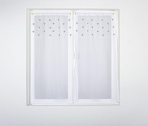 ED ENJOY HOME Paire de vitrages Blanc 60×90 cm, Passe Tringle, Broderie Cœurs Gris, pour Chambre et Salon