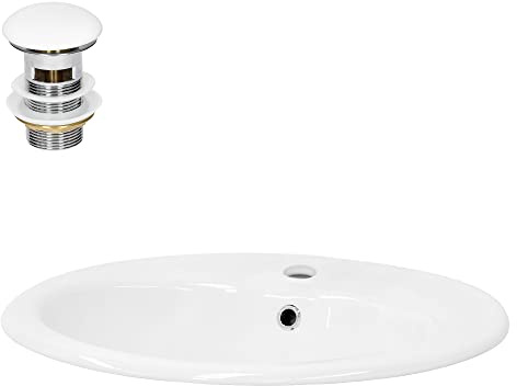 LuxeBath Waschbecken aus Keramik Weiß glänzend 570x485x195 mm oval mit Ablaufgarnitur Weiß, Einbauwaschbecken mit Überlauf, Aufsatzwaschbecken Einbauwaschtisch Waschschale Waschplatz Handwaschbecken