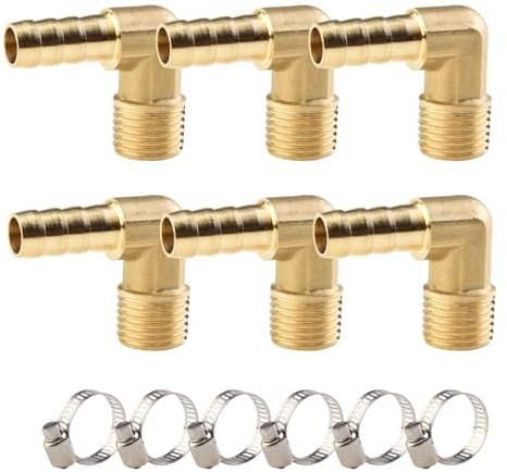 ANGEEK 6 stycken 1/4 tum yttre gänga vinkel 90° mässing slanganslutning, PT 1/4 tum x 8 mm koppling, slanganslutning, kontakt adapter, slangadapter med 6 stycken slangklämma