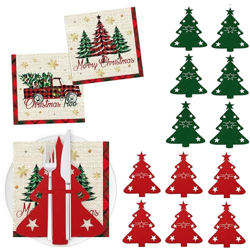 THXFUNAREA THXFUNAREA 12 Stück Besteckhalter Filz Stern Rot/Grün + 20 Stück Weihnachts-Servietten, Weihnachtsbaum Bestecktaschen für Tischdeko, Deko Set für Festtafel & Winterfeier