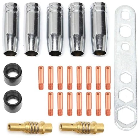 Schweißgerät Ersatzteile, Schutzgasschweißgerät Zubehör für AK-15/MB-15, 5 x Gasdüsen, 15 x Schweißdüsen M6 0,8 mm, 2 x Düsenstiel, 2 x Isolatoren, 1 x Schraubenschlüssel