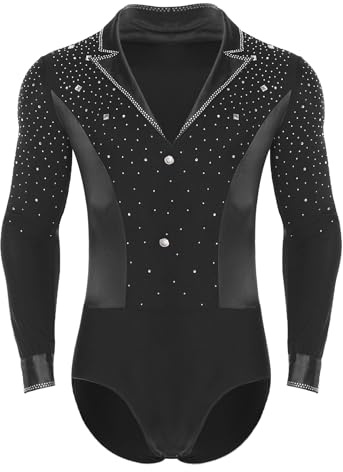 Winnrchan Mens Long Sleeve Latin Dance Shirt Tops Figure Skating Bodysuit Tango Cha-cha Ballet Dancewear Black Medium