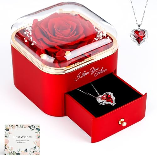 Wudyfei Preserved Real Rose Gift Box with Necklace for Women, Mum, Wife, girlfriend, Handmade Eternal Rose Flower Gift for Her on Anniversary Birthday Mother's Day Valentine's Day Christmas (Red)