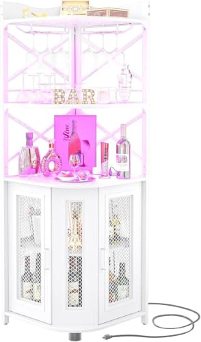 iSunirm Eck-Barschrank mit Steckdose, industrieller Weinschrank mit LED-Streifen und Glashalter, 5-stöckiges Spirituosenregal für Zuhause, Eckvitrine für kleine Räume, Weiß