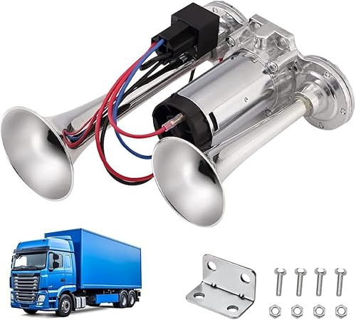 LKW Hupe 24V, 120DB Super Laut Air Horn, Doppelrohr Lufthorn Train Horn mit Kompressor, Lufthorn Drucklufthorn Laute Hupe Kit, für 24V Fahrzeuge LKW Lörries Züge Boote Vans (Silber)