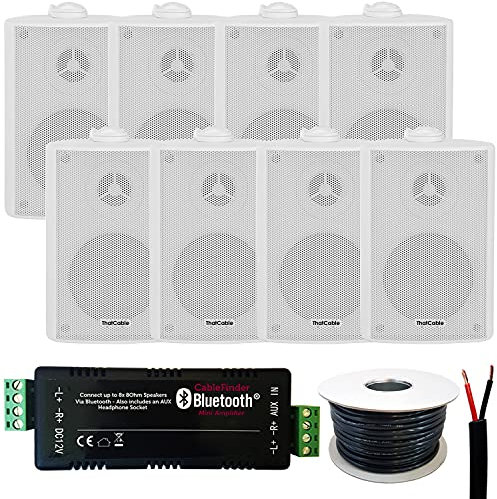 Outdoor/External Bluetooth Speaker System - Garden Party BBQ Kit - 60W Mini Wireless Amplifier & 8x 60W White Weatherproof Speakers - Loops