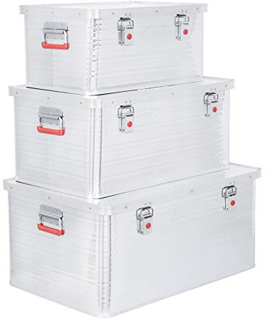 STIER Alubox Set Aluminiumbox 50L 85L und 135L | Stapelbare Transportkisten, Staub- und spritzwasserresistent mit Gummidichtung und Klapphandgriffen, Transport und Lagerung
