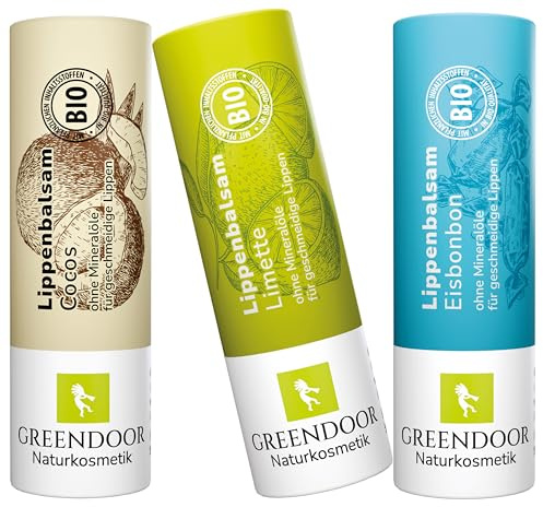 GREENDOOR Natur Lippenpflege-Set FUN, plastikfrei, Lippenbalsam Eisbonbon, Limette, Cocos - 3 aufregend pflegende Naturkosmetik Lip-Balms mit Bio Jojobaöl, natürliche Lippenpflegestifte zum Sparpreis